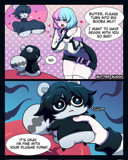 anthro big_breasts black_hair breasts chibi dialogue duo female hair heart_symbol heterochromia humor impending_doom multicolored_hair size_difference speech_bubble tentacles text worried butter_sugoi butter_sugoi_(character) human mammal procyonid raccoon english_text hi_res