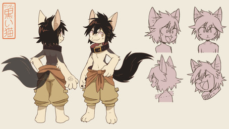 3_toes 4_fingers anthro black_body black_collar black_fur black_hair black_tail bottomwear clothed clothing collar fangs feet fingers fur hair male monotone_background open_mouth orange_eyes pants simple_background smile solo tail tan_bottomwear tan_clothing tan_pants teeth toes topless topless_anthro topless_male white_background white_body white_fur koiyaroid nath_(koiyaroid) canid canine mammal hi_res model_sheet signature