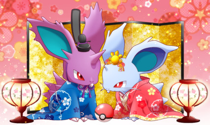 asia asian_clothing buckteeth clothed clothed_feral clothing duo east_asian_clothing female feral floral_pattern flower headgear headwear japanese_clothing kanmuri_(headwear) kimono lamp lantern male paper_lantern pink_background plant pokeball red_eyes simple_background standard_pokeball teeth maiko hinamatsuri nintendo pokemon generation_1_pokemon nidoran nidoran♀ nidoran♂ pokemon_(species) 5:3