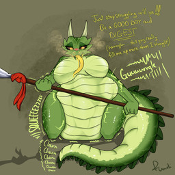 abdominal_bulge after_vore anthro belly breasts digestion digestion_noises female female_pred fully_inside melee_weapon polearm spear text tongue tongue_out vore weapon undifinder lizard reptile scalie 1:1 hi_res