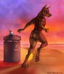 anthro backsack balls black_nose bottle bottomless butt clothed clothing container digitigrade genitals looking_at_viewer looking_back looking_back_at_viewer male muscular muscular_anthro muscular_male outside pawpads paws public recycling recycling_bin recycling_symbol running shirt sky solo symbol text topwear trash_can fleki zaush canid canine canis dobermann domestic_dog mammal pinscher 2015 digital_media_(artwork) hi_res signature