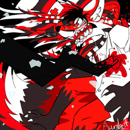 anthro black_hair black_nose blood bodily_fluids claws clothing cross ear_tuft facial_hair fluffy fur goatee hair headgear headwear male markings nurse paws red_body red_fur simple_background solo tears teeth tentacles tuft whisker_markings white_body white_fur professoraurabolt lapfox_trax renard_queenston canid canine fox mammal 1:1
