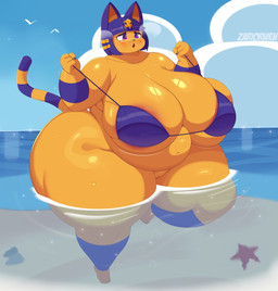 accessory anthro areola areola_slip belly belly_overhang big_belly big_breasts big_butt bikini bikini_top blue_hair blush bodily_fluids bound breast_squish breasts bubble_butt butt cat_tail cleavage clothed clothing feet female folds genitals glistening glistening_body hair half_naked holding_object huge_breasts huge_butt huge_thighs hyper hyper_butt hyper_thighs navel open_mouth overweight overweight_female partially_submerged purple_eyes sand sea shy sky small_feet solo squish steamy_breath sweat sweatdrop swimwear thick_thighs tied_bikini tiptoes two-piece_swimsuit vulva water wet wet_body wide_hips wobble yellow_body zariorwen animal_crossing nintendo ankha_(animal_crossing) domestic_cat felid feline felis mammal hi_res