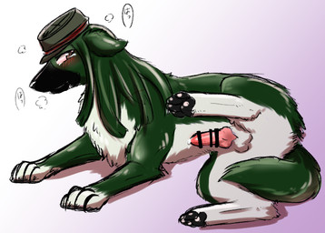 animal_genitalia animal_penis balls belly black_mask black_pawpads blush blush_lines bodily_fluids breath brown_eyes canine_genitalia canine_penis censor_bar censored_genitalia censored_penis clothing feral fur genital_fluids genitals glistening glistening_pawpads gloves_(marking) gradient_background green_body green_fur green_hair hair hat headgear headwear knot knotted_penis male markings mask pawpads penis pink_penis precum raised_leg simple_background solo spread_legs spreading tears text wearing_mask white_belly white_paws ruppomatsu_4 danganronpa danganronpa_v3 spike_chunsoft korekiyo_shinguji canid canine canis domestic_dog mammal 2023 censored japanese_text shaded