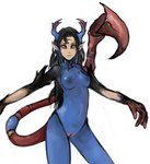 black_hair blue_body blue_eyes breasts clitoris female genitals hair horn humanoid_pointy_ears long_hair looking_at_viewer multicolored_body multicolored_eyes navel nipples nude pointed_tail pointy_ears pussy red_eyes scorpion_tail small_breasts solo standing syvaron animal_humanoid humanoid