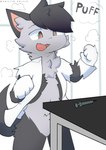 after_transformation anthro black_body black_fur cheek_tuft clothing coat diesel_fox excited facial_tuft fluffy fluffy_chest fluffy_paws four_digits fur furniture happy head_tuft lab_coat laboratory male navel nude_anthro onomatopoeia plantigrade shocked solo sound_effects standing syringe table tail text topwear torn_clothing transformation tuft white_body white_fur chillin_chillo canid canine fox mammal red_fox silver_fox true_fox werecanid werecanine werecreature werefox