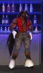 abs alcohol anthro arm_fluff arm_on_hip arm_tuft bar beverage biceps bottle bottomwear brown_body brown_eyes brown_fur brown_hair clothed clothing container dark_hair detailed_background digital_media_(artwork) eliana-asato equid equine fur hair hi_res hooves horse horse_tail leg_fluff leg_tuft long_hair looking_at_viewer male mammal mane muscular muscular_anthro muscular_male neon_lights nightclub red_clothing solo standing tail topwear tuft white_body white_fur