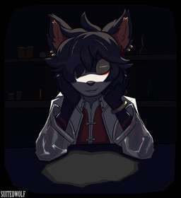 anthro armlet asian_clothing ben_day_dots big_eyes biped black_body black_ears black_fur black_hair black_nose button_(fastener) clothing coat dark detailed_background ear_piercing ear_ring elbows_on_table fluffy fluffy_ears fluffy_hair fur furniture gold_(metal) gold_accessory gold_armlet gold_ear_ring gold_jewelry hair hair_over_eye head_on_hand head_tuft humanoid_hands inner_ear_fluff jewelry long_hair looking_at_viewer male markings messy_hair piercing pill_bottle pupils red_clothing red_ears red_ribbon red_topwear ring_piercing scary shelf slit_pupils smile smirk solo striped_body striped_fur striped_markings stripes table topwear translucent translucent_clothing tuft white_clothing white_coat white_topwear yellow_eyes yellow_sclera suitedwolfie arknights hypergryph studio_montagne aak_(arknights) domestic_cat felid feline felis mammal 2025 digital_drawing_(artwork) digital_media_(artwork) hi_res shaded watermark
