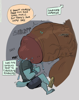 anthro big_penis bodily_fluids cock_vore debt dialogue dripping duo extreme_size_difference genital_fluids genitals huge_penis humanoid_genitalia humanoid_penis imminent_vore male male/male micro muffled penile penis precum precum_drip shlorp simple_background size_difference talking_to_prey text unwilling_prey vein veiny_muscles vore dramamine canid mammal english_text hi_res