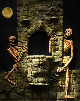ambiguous_gender bone dark_fantasy detailed_background duo fantasy feral horror_(theme) moon night not_furry rib_cage ribs skeleton skull stone_wall wall_(structure) window plastiboo animated_skeleton humanoid reptile scalie snake undead hi_res sculpture_(artwork) traditional_media_(artwork)