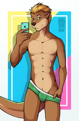abs anthro barbell_piercing blonde_hair blue_eyes briefs brown_body brown_fur brown_nose bulge cellphone clothed clothing electronics eyebrow_barbell eyebrow_piercing facial_piercing front_view fur green_briefs green_clothing green_underwear hair inner_ear_fluff lgbt_pride looking_at_viewer male male_anthro mostly_nude_male navel nipples pansexual_pride_colors phone piercing pride_colors removing_underwear short_hair slim_male smartphone solo standing tail tan_body tan_fur tan_inner_ear_fluff text tuft underwear underwear_only d3mo apple_inc. iphone menos mammal mustelid otter 2016 artist_name dated hi_res portrait three-quarter_portrait watermark