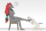 anthro big_breasts breasts chair dialogue duo feet female foot_fetish furniture good_boy humanoid_feet kissing kissing_feet larger_female male male/female nipples pet_praise plantigrade praise size_difference smaller_male text xevv nintendo pokemon lance_(xevv) sherry_(xevv) absol generation_3_pokemon generation_5_pokemon pokemon_(species) zoroark english_text hi_res