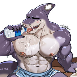 abs anthro barazoku bench big_bulge big_muscles big_pecs blue_clothing blush bodily_fluids bottomwear bulge clothed clothing earless facial_piercing fin fin_piercing footwear furgonomic_piercing furgonomics head_fin hotpants male muscular muscular_male nipple_piercing nipples nose_piercing pecs piercing purple_body resting septum_piercing shorts socks solo sweat tail teeth teeth_showing tongue tongue_out topless la_burla james_(halbschwulerhai) aquatic fish shark 1:1 hi_res