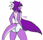 anthro blue_eyes bottomwear breasts butt clothing eyewear female fin glasses hair long_hair long_tail looking_back nipple_outline non-mammal_breasts pokemorph purple_body purple_hair purple_skin shirt shorts simple_background small_breasts solo tail tank_top topwear wet wet_clothing white_background daniruu mythology nintendo pokemon dani_(daniruu) dragon dratini generation_1_pokemon mythological_creature mythological_scalie pokemon_(species) reptile scalie shiny_pokemon snake 2012 hi_res