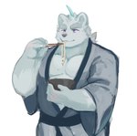 2021 anthro asian_clothing bear clothing east_asian_clothing eating hi_res humanoid_hands japanese_clothing kemono knights_college male mammal musclegut muscular paul_pfitzner polar_bear simple_background solo tsukigata_rossi ursine white_background white_body