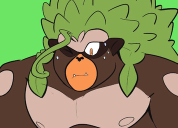 anthro areola biped black_nose bodily_fluids brown_body brown_fur eyebrows fangs flustered front_view frown fur green_background green_body green_fur green_hair hair leaf leaf_hair male multicolored_body multicolored_fur muscular muscular_anthro muscular_male nervous nude one_eye_closed orange_body orange_eyes pecs plant plant_hair pointy_ears prick_ears pseudo_hair simple_background solo sweat tan_areola tan_body tan_fur teeth underbite unibrow poisebytes nintendo pokemon ape elemental_creature flora_fauna generation_8_pokemon haplorhine mammal pokemon_(species) primate rillaboom 2019 aliasing bust_portrait digital_drawing_(artwork) digital_media_(artwork) portrait