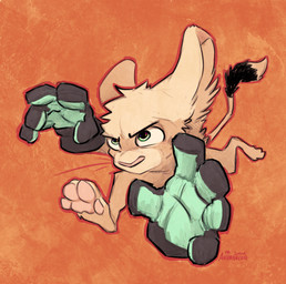 anthro athletic athletic_female female frown fur green_eyes mostly_nude paws running simple_background solo white_body white_fur work_gloves animancer luck_(animancer) dipodid jerboa mammal rodent 2026 hi_res