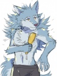 anthro brush clothed clothing fluffy hair kemono long_hair male simple_background skinny solo topless white_background star_parlor lifewonders tokyo_afterschool_summoners hati_(tas) canid canine canis mammal wolf