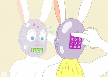 anthro armor blonde_hair bound clothed clothing female gag gagged hair headgear headgear_only helmet helmet_only keypad mask muzzle_(object) reflection self-bondage solo topless topless_female wearing_mask hypercat-z lagomorph leporid mammal rabbit