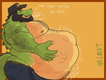 abdominal_bulge anthro arm_hair beard belly_hair black_hair body_hair bottomwear burping chest_hair clothing denim denim_bottomwear denim_clothing facial_hair green_body hair hat headgear headwear jeans male male_pred mature_male muscular muscular_arms muscular_male nipples pants pecs rumbling_stomach same_size_vore solo tan_body vore lockt_draws crocodile crocodilian reptile scalie 4:3 alternate_version_at_source hi_res