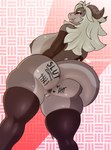 anthro anus areola armwear big_breasts big_butt body_writing breasts butt clothing female genitals grey_areola grey_nipples grey_pussy hair horn huge_breasts leggings legwear looking_at_viewer looking_back low-angle_view markings nipples non-mammal_breasts non-mammal_nipples nude pussy simple_background solo thick_thighs thigh_highs tongue tongue_out wide_hips dododragon56 kobold reptile scalie absurd_res cel_shading hi_res shaded