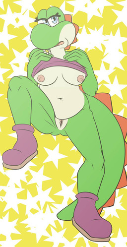 anthro belly belly_overhang big_breasts big_nose big_tail blue_eyes boots breasts clothed clothing clothing_lift eyelashes female flower footwear genitals green_body navel nipples non-mammal_breasts non-mammal_navel non-mammal_nipples overweight overweight_anthro overweight_female plant shirt shirt_lift shoes simple_background slightly_chubby slightly_chubby_anthro slightly_chubby_female solo tail thick_thighs topwear vulva wide_hips reina_crafting_arts mario_bros nintendo esmeralda_(gbtod) fan_character yoshi_(character) dinosaur green_yoshi prehistoric_species reptile scalie yoshi hi_res