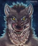 anthro black_nose blood blood_on_face bodily_fluids fur grey_body grey_fur grin looking_at_viewer male sharp_teeth smile solo teeth yellow_eyes mongrelist mythology major_wolf canid canine canis mammal mythological_canine mythological_creature werecanid werecanine werecreature werewolf wolf 2017 bust_portrait digital_media_(artwork) portrait