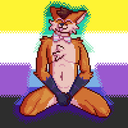 anthro bow_tie brown_hair covering covering_crotch covering_self eyes_closed eyeshadow feminine fluffy fluffy_chest fur grey_body grey_fur hair kneeling lgbt_pride makeup male nonbinary_pride_colors orange_body orange_fur pink_eyeshadow pride_colors purple_body purple_fur rainbow_flag rainbow_pride_flag rainbow_symbol skinny solo tongue tongue_out transgender_pride_colors white_body white_fur akadthefox akad_(akadthefox) canid canine fox mammal 1:1 nonbinary_(lore)