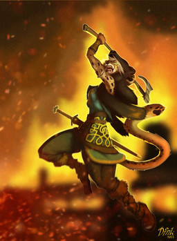 action_pose anthro attack axe clothed clothing female fire fur jumping pose solo viking josiedink aurora_(spacecamper) cheetah felid feline mammal hi_res