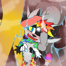 adolescent anthro group male male/male sex shower shower_sex trio young young_anthro young_male conditional_dnp theyiff gizmo_racoon_(theyiff) canid canine canis domestic_dog mammal procyonid raccoon 1:1 hi_res