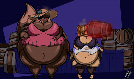 anthro belly big_belly big_breasts big_butt breasts brown_body brown_fur brown_tail butt drunk duo female fur huge_belly huge_breasts huge_butt obese obese_anthro obese_female overweight overweight_anthro overweight_female substance_intoxication tail kinguu hasbro my_little_pony nintendo pokemon fan_character sandria_suncake eevee equid equine generation_1_pokemon horse mammal pokemon_(species) pony
