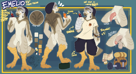 anthro bandage beanie beverage bodily_fluids clothing genital_fluids genitals hat headgear headwear humanoid_genitalia humanoid_penis leaking leaking_precum male nude nude_anthro penis precum soda solo tapering_penis twunk doeboi emelio_(doeboi) avian bird falcon falconid pygmy_falcon absurd_res hi_res reference_image