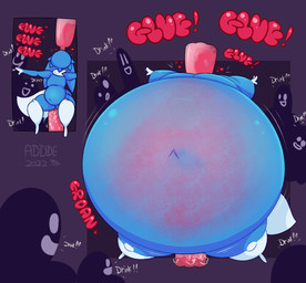 belly beverage big_belly bloated blue_body dialogue glug huge_belly hyper hyper_belly hyper_inflation inflation motion_lines onomatopoeia purple_background red_text simple_background soda sound_effects text white_text addde herry_(addde) 2022 absurd_res artist_name dated hi_res sequence signature