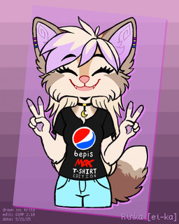 anthro bisexual_pride_colors choker clothing eyes_closed female fur gesture gradient_background hair hand_gesture holding_object jewelry lgbt_pride long_hair looking_at_viewer multicolored_body multicolored_fur multicolored_hair necklace pride_colors shirt simple_background smile solo t-shirt text topwear v_sign anonymous_artist bepis pepsi rinka_eya canid canine fox mammal 2025 dated english_text hi_res russian_description