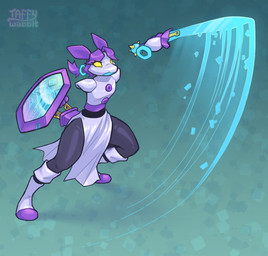 anthro clothing female footwear green_background hair holding_melee_weapon holding_object holding_shield holding_sword holding_weapon melee_weapon ponytail purple_hair shield shoes simple_background solo sword weapon yellow_eyes taffywabbit deltarune undertale_(series) tasque_manager darkner 2024 digital_media_(artwork) hi_res