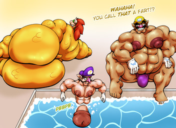 anthro big_nose bubble butt clothing dialogue erection erection_under_clothing fart farting_underwater genitals group horn hybrid_genitalia hybrid_penis hyper hyper_genitalia logo looking_aside male muscular muscular_anthro muscular_male navel nipples open_mouth pecs penis pupils red_penis scales sitting sitting_in_water submerged_legs tail teeth text trio underwater water white_body white_skin yellow_body xmbxfff12 mario_bros mythology nintendo bowser waluigi wario dragon human mammal mythological_creature mythological_scalie scalie absurd_res hi_res