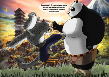 anthro black_body black_fur bottomwear building clothed clothing duo fur grass grey_body grey_fur kick male markings muscular muscular_anthro muscular_male open_mouth pants plant speech_bubble spots spotted_body spotted_fur text whiskers white_body white_fur yellow_sclera xxsparcoxx dreamworks kung_fu_panda master_po_ping tai_lung_(kung_fu_panda) bear felid giant_panda mammal pantherine snow_leopard 2015 digital_media_(artwork) spanish_text translated