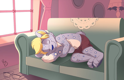 anthro blonde_hair bottomwear closed_smile clothed clothing dipstick_tail eyes_closed eyewear fur furniture glasses grey_body grey_fur hair logo lying male markings mouth_closed on_side on_sofa red_bottomwear red_clothing red_shorts short_hair shorts smile sofa solo spots spotted_arms spotted_legs spotted_markings spotted_tail tail tail_markings topless white_body white_fur window young young_anthro young_male pandapaco felid mammal artist_logo signature