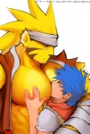 accessory anthro anthro_top duo grope headband hug human_on_anthro interspecies larger_male male male/male nipples simple_background size_difference smaller_male white_background roukiz breath_of_fire capcom rei_(breath_of_fire) ryu_(breath_of_fire) human mammal woren