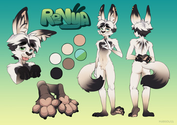 anthro black_body black_fur clothing crossed_arms ear_piercing ear_ring fluffy fluffy_tail front_view fur gloves handwear heterochromia male nude pawpads paws piercing rear_view ring_piercing solo standing tail tongue tongue_out toony white_body white_fur marriouss absurd_res digital_media_(artwork) hi_res model_sheet