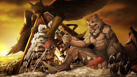 4_toes abs anthro balls beak biceps biped bodily_fluids brown_body brown_fur building building_destruction building_penetrated building_sex claws cum cum_flooding cum_on_building cumshot destruction detailed_background duo ejaculation erection excessive_cum excessive_genital_fluids feathered_wings feathers feet finger_claws fingers fur genital_fluids genitals house humanoid_genitalia humanoid_penis hyper hyper_cum landscape_dwarfing macro macro_anthro macro_male male muscular muscular_anthro muscular_male nude open_mouth orgasm outside pawpads paws pecs penetration penile penis rampage sand sky tail toe_claws toes white_body white_fur wings foolishdaz mythology carpo kaemn avian canid canine canis gryphon mammal mythological_avian mythological_creature wolf hi_res
