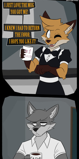 5_fingers anthro bow_tie clothed clothing coffee_mug collared_shirt countershade_face countershading crossdressing dialogue dipstick_ears duo ear_markings fingers fur gloves_(marking) grey_body grey_fur inside maid_uniform male markings mole_(marking) multicolored_ears one_eye_closed orange_body orange_fur shirt smile text topwear uniform wink suitedwolfie balthy_(suitedwolfie) k_(suitedwolfie) canid canine canis fox mammal northwestern_wolf red_fox true_fox wolf absurd_res comic english_text hi_res