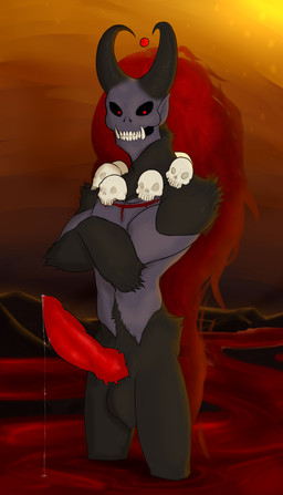 balls big_balls big_penis black_body black_fur blood blood_bath blue_body blue_skin bodily_fluids bone fangs fur genital_fluids genitals glowing glowing_eyes hell horn looking_at_viewer male not_furry penile_spines penis precum red_eyes red_penis skull solo teeth thedivinetemple wuand_(himeros) demon hi_res