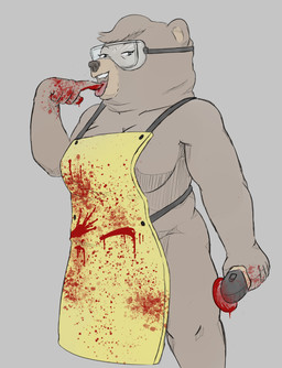 anthro apron apron_only blood blood_on_apron blood_on_clothing blood_on_hand blood_on_tongue bodily_fluids breasts brown_body brown_fur butcher_apron cleavage clothed clothing electric_knife eyewear female fur goggles licking_blood side_boob solo tongue tongue_out amomw beneath_the_trees_where_nobody_sees samantha_strong bear mammal 2026 hi_res
