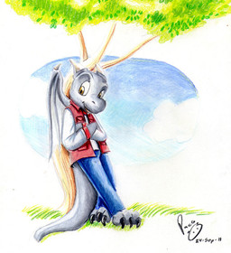 anthro black_claws blue_bottomwear blue_clothing blue_pants bottomwear claws clothed clothing crossed_arms grey_body grey_tail horn logo male male_anthro membrane_(anatomy) membranous_wings open_mouth open_smile orange_eyes pants plant red_clothing red_topwear smile solo standing tail toe_claws topwear tree white_clothing white_horn white_topwear white_wings wings pandapaco mythology dragon mythological_creature mythological_scalie scalie 2011 artist_logo dated signature