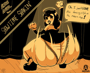 2_horns 4_fingers armwear big_butt black_clothing black_dress black_eyes black_hair black_lips black_text blush blush_lines breasts butt camel_toe clothed clothed_female clothed_humanoid clothing crouching curtains dialogue dress empty_eyes female female_humanoid fingers fist footwear frilly frilly_clothing frilly_panties frilly_underwear gloves hair halo handwear head_turned horn huge_butt lips long_hair looking_back markings mary_janes medium_breasts mole_(marking) motion_lines not_furry on_stage panties raised_arm rear_view shaking_butt shoes smile speech_bubble stage text thick_thighs twerking underwear yellow_text meryo bendy_and_the_ink_machine alice_angel angel angel_humanoid horned_humanoid humanoid 2026 english_text handwritten_text hi_res signature