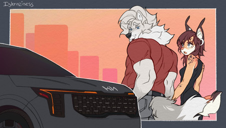 anthro biped bottomwear breasts butt car clothed clothed_anthro clothed_female clothed_male clothing duo female fully_clothed fully_clothed_anthro fully_clothed_female fully_clothed_male fur hair kia_sorento male pants piercing smile tail tongue topwear vehicle iskra distracted_boyfriend kia_motors kordi felid feline lynx mammal 2026 digital_drawing_(artwork) digital_media_(artwork) hi_res meme