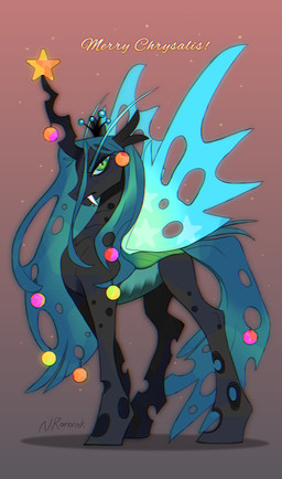 christmas_decorations crown eyebrows fangs female feral green_eyebrows green_eyes green_hair hair headgear hole_(anatomy) insect_wings long_eyebrows long_hair looking_at_viewer solo teeth wings anoraknr friendship_is_magic hasbro my_little_pony queen_chrysalis_(mlp) changeling_(mlp) absurd_res hi_res