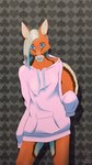 9:16 anthro blonde_hair blue_eyes breasts canid canine cloth clothed clothing dark_body dark_fur female fox fur hair hi_res kate_(nataniflutesong) long_hair mammal multicolored_body multicolored_fur nataniflutesong partially_clothed partially_clothed_anthro partially_clothed_female pink_clothing pink_nose pinup portrait pose red_body red_fur small_breasts solo sweatshirt three-quarter_portrait white_body white_fur