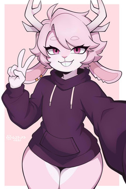 anthro antlers camera clothed clothing femboy gesture hand_gesture holding_camera holding_object horn looking_at_viewer male pink_background pink_body pink_eyes simple_background solo v_sign white_background pamaht9 fzst jackalope lagomorph leporid mammal rabbit hi_res signature spanish_description